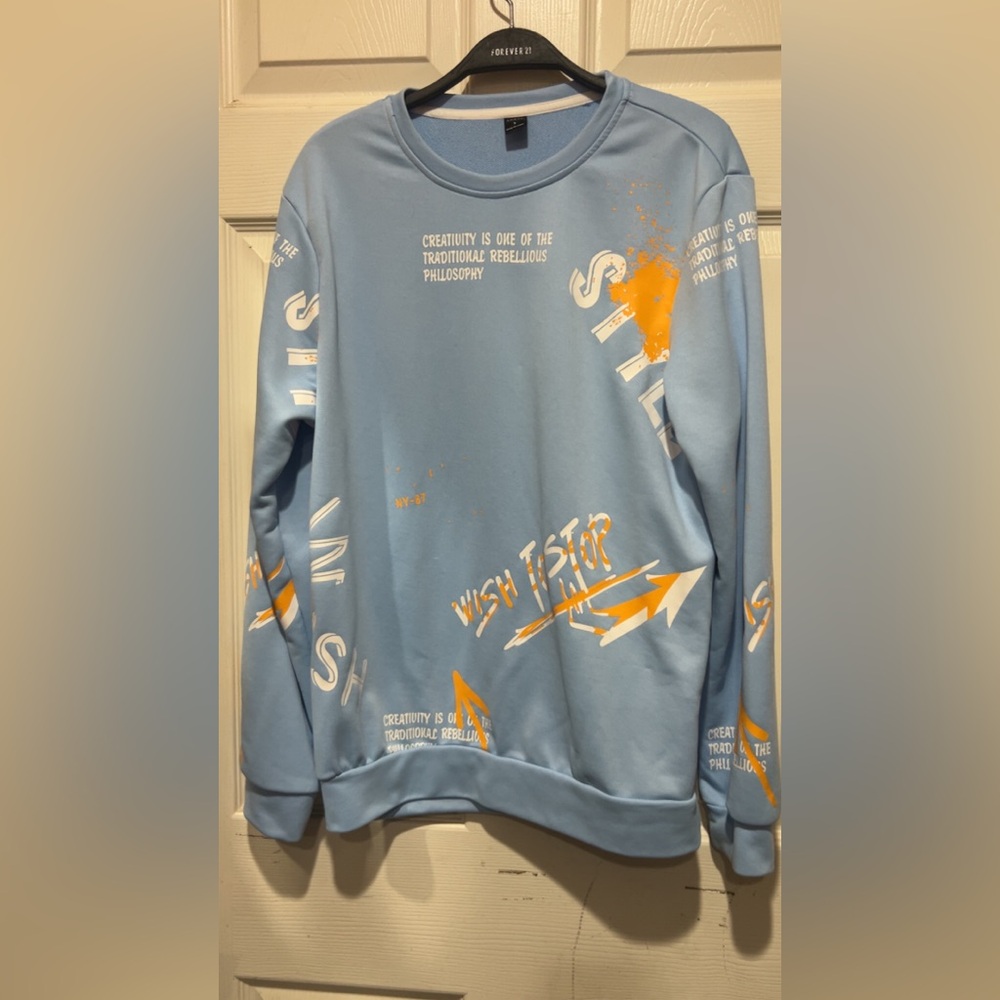 SHEIN Blue Crewneck Sweater with Orange Graphics